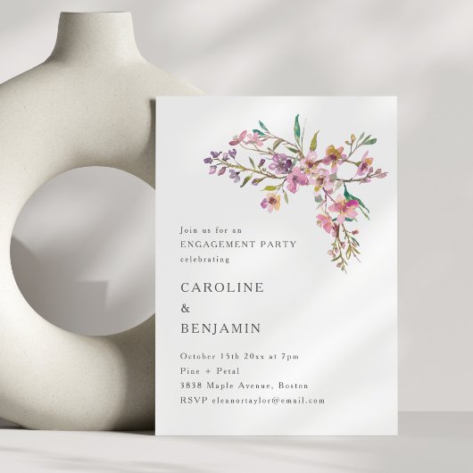 Minimal Boho Pink Wildflowers Engagement Party Einladung