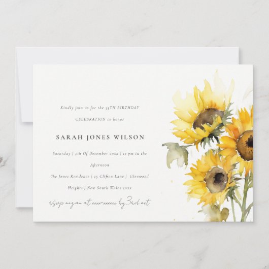 Minimal Boho Rustikale Sonnenblume Wasserfarbe Geb Einladung (Vorderseite)
