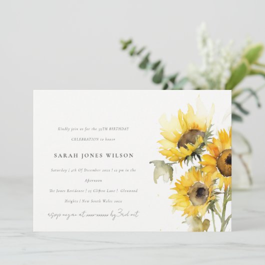 Minimal Boho Rustikale Sonnenblume Wasserfarbe Geb Einladung (Stehend Vorderseite)