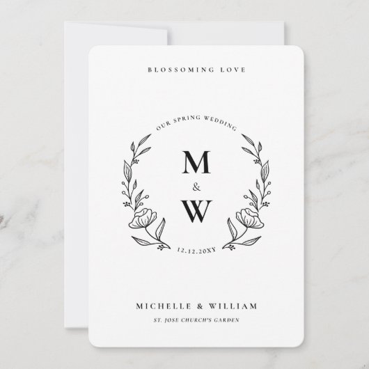 Minimal Boho Spring Wedding Monogram Schwarz-weiß Einladung (Vorderseite)