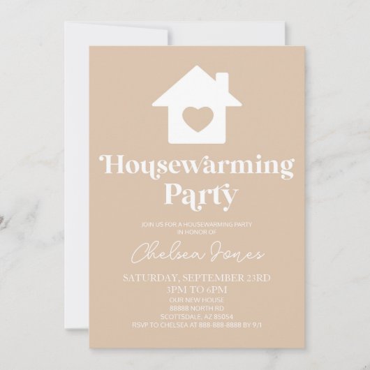 Minimal Boho Tan Beige Einfaches Housewarming Part Einladung (Vorderseite)