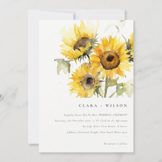 Minimal Boho Wasserfarbe Sonnenblume Rustikale Hoc Einladung (Vorderseite)