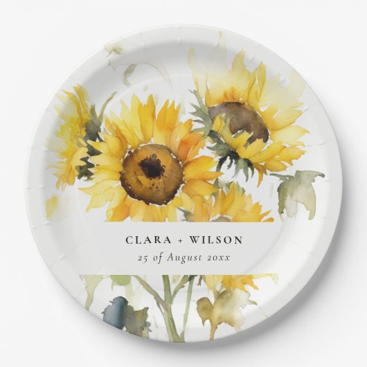 Minimal Boho Wasserfarbe Sonnenblume Rustikale Hoc Pappteller (Vorderseite)