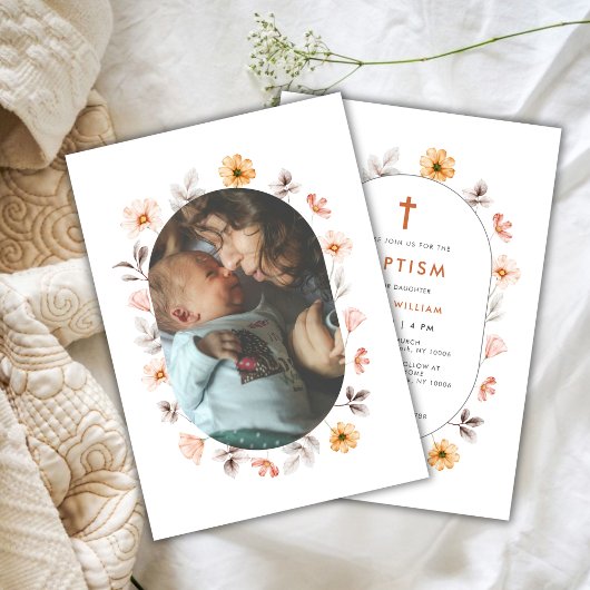 Minimal Boho Wildblume Foto Frame Cross Taufen Einladung