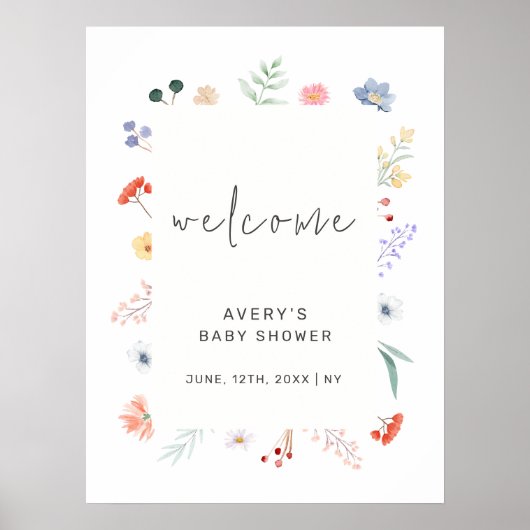 Minimal Boho Wildblume Frame Baby Dusche Willkomme Poster (Vorne)
