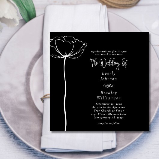 Minimal Bold Square White Floral Black Wedding Einladung