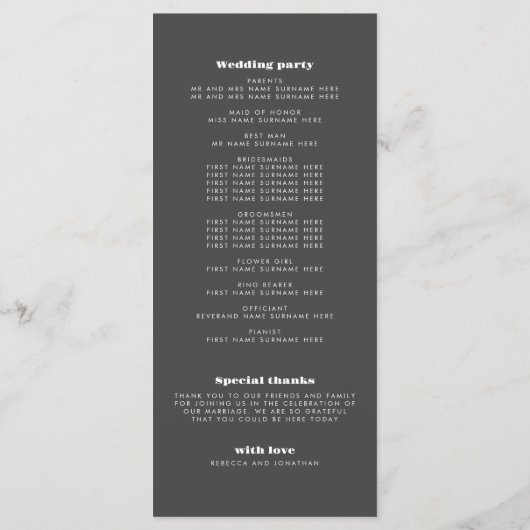 Minimal Bold Typografy Wedding Program Card (Rückseite)