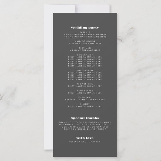 Minimal Bold Typografy Wedding Program Card (Rückseite)