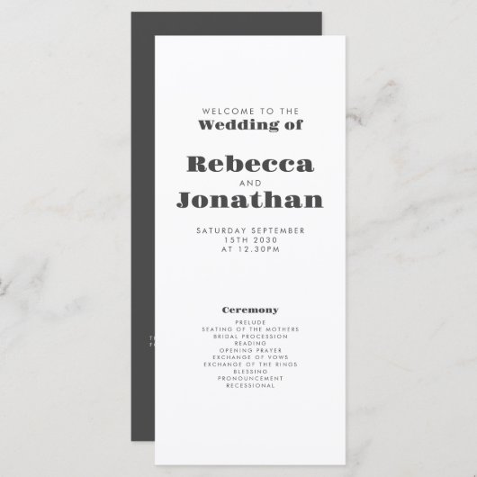 Minimal Bold Typografy Wedding Program Card (Vorne/Hinten)