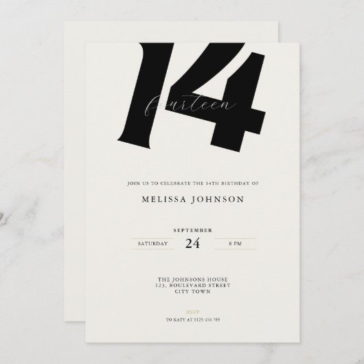 Minimal Bold Typography 14th Birthday  Einladung (Vorne/Hinten)