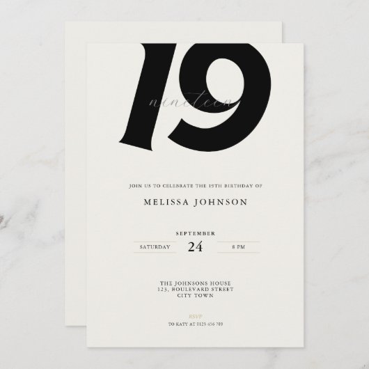 Minimal Bold Typography 19th Birthday  Einladung (Vorne/Hinten)