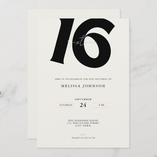 Minimal Bold Typography sweet 16th Birthday  Einladung (Vorne/Hinten)