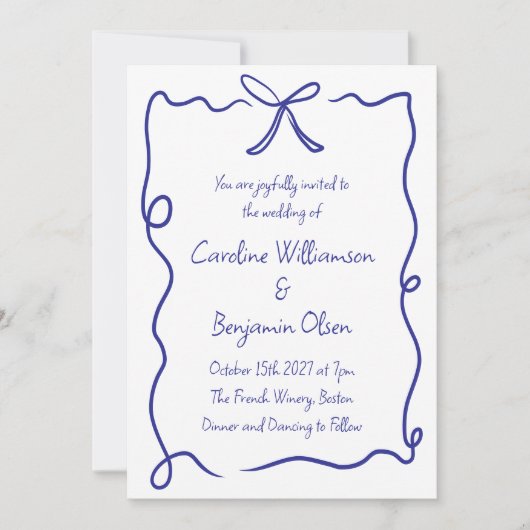 Minimal Bow Border Blue White Handgeschriebene Hoc Einladung (Vorderseite)
