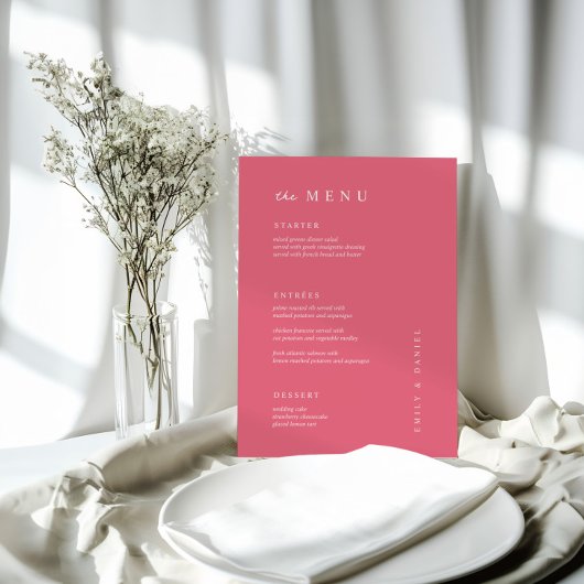 Minimal BRIGHT PINK Wedding MENU Menükarte