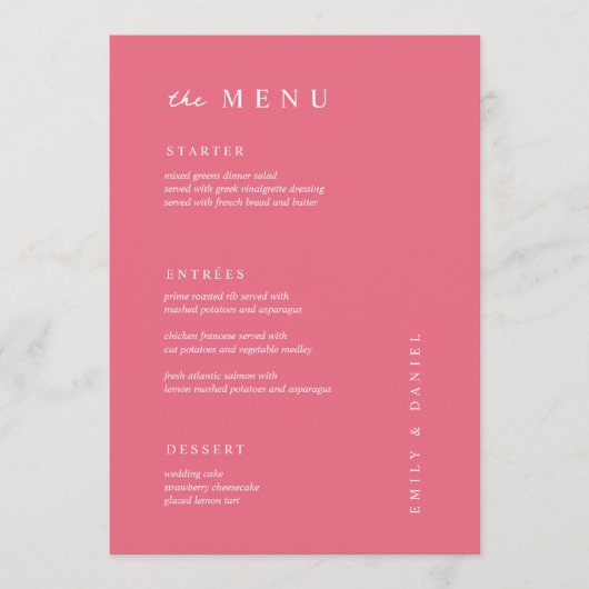 Minimal BRIGHT PINK Wedding MENU Menükarte (Vorderseite)