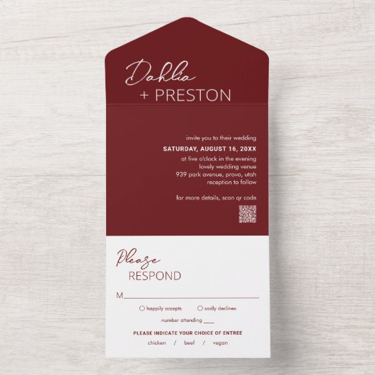 Minimal Burgund QR Code Moderne Hochzeit All In One Einladung (Innen Boden)