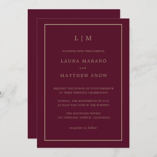 Minimal Burgundy Monogram Einfache Hochzeit Einladung (Vorne/Hinten)