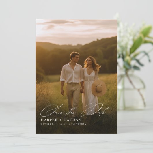 Minimal Calligrafy Foto Wedding QR Code Save The Date (Stehend Vorderseite)