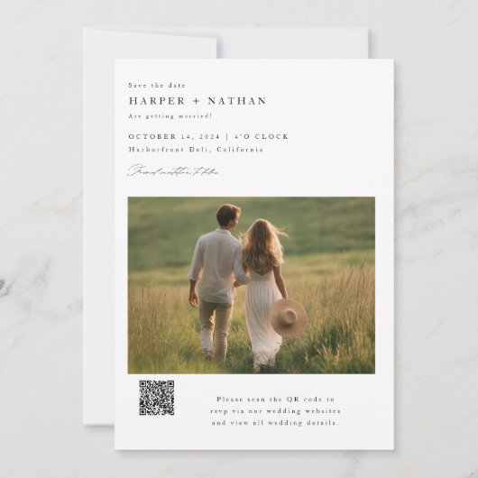 Minimal Calligrafy Foto Wedding QR Code Save The Date (Rückseite)