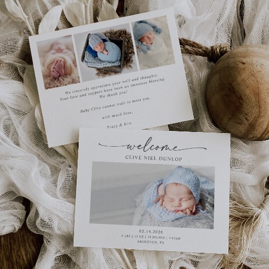 Minimal Calligraphy Boho Birth Announcement Card Dankeskarte