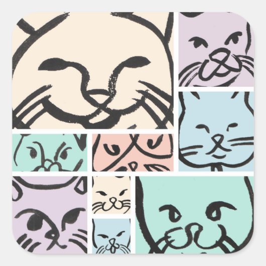 Minimal Cats Line Art Collage Quadratischer Aufkleber (Vorderseite)