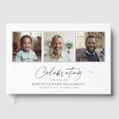 Minimal Celebrating The Life 3 Photos Funeral Gästebuch (Vorderseite)