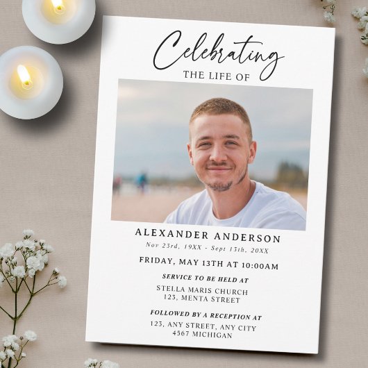 Minimal Celebration of Life Black White Funeral Einladung