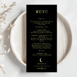 Minimal Celestial Black Crescent Moon Wedding Menükarte<br><div class="desc">Dieses Design besticht durch eine elegante personalisierte himmlische Hochzeitskarte mit klassischen goldenen Mondsymbolen in schwarzer Farbe. Diese Karte ist leicht editierbar. Wenn Sie Hilfe bei der Anpassung dieser Karte benötigen oder mehr passende Produkte für diese Sammlung benötigen,  schreiben Sie mir bitte via Zazzle.</div>