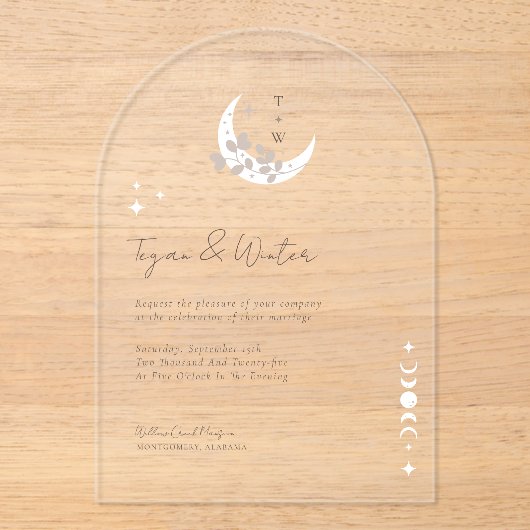 Minimal Celestial Holistic Boho Moon & Stars Arch Acryleinladungen (Vorderseite)