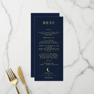 Minimal Celestial Navy Crescent Moon Hochzeit Menükarte