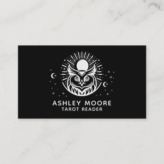 Minimal Celestial Owl Black & White Tarot Reader Visitenkarte (Vorderseite)