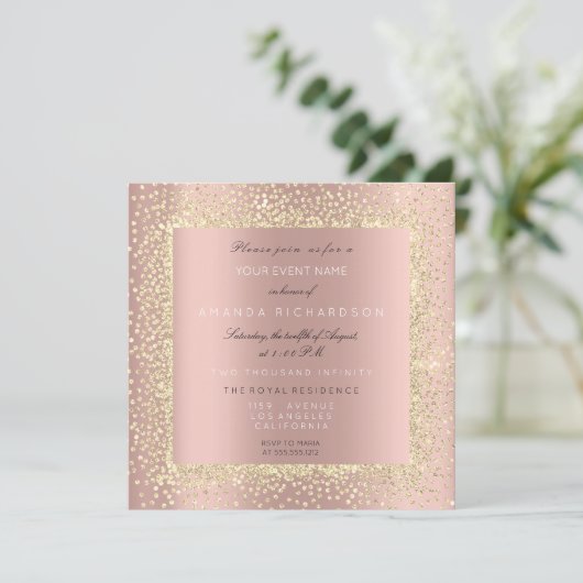 Minimal Champaigne Gold Black Confetti Rose Blush Einladung (Stehend Vorderseite)