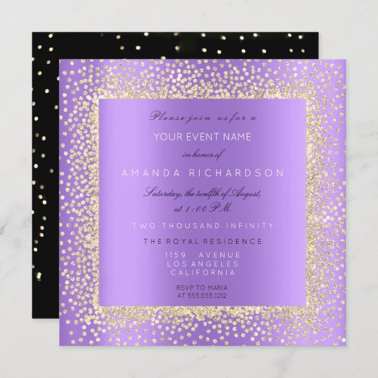 Minimal Champaigne Gold Black Confetti Violet Purp Einladung (Vorne/Hinten)