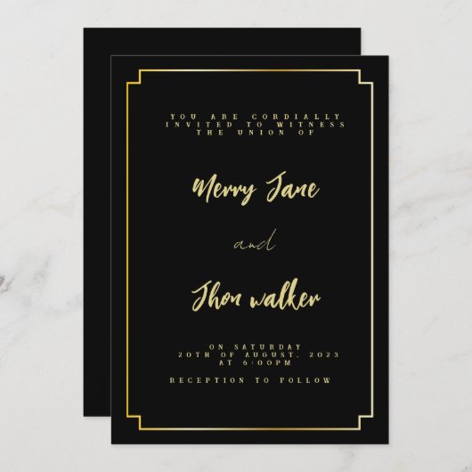 Minimal & Chic Black and Golden Wedding Einladung (Vorne/Hinten)