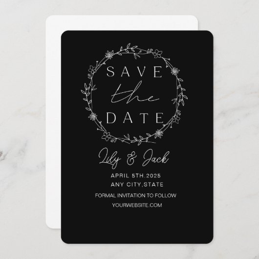Minimal Chic Black und White Save The Date (Vorne/Hinten)