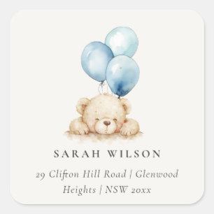 Minimal Chic Blue Bearly Wait Ballon-Adresse Quadratischer Aufkleber