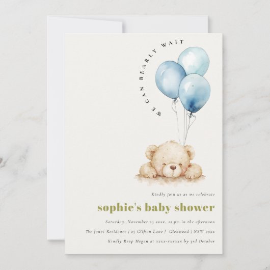 Minimal Chic Blue Bearly Wait Balloon Baby Dusche Einladung (Vorderseite)