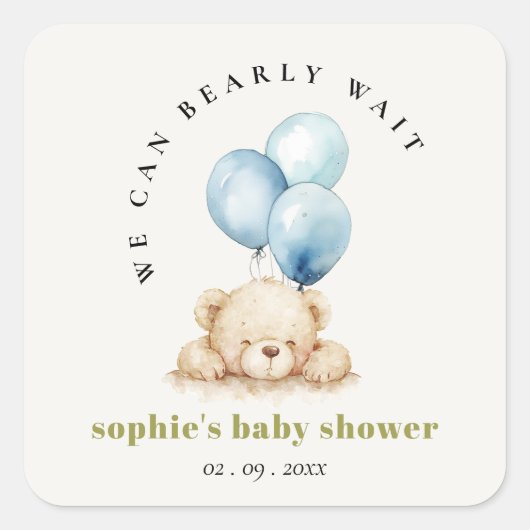 Minimal Chic Blue Bearly Wait Balloon Baby Dusche Quadratischer Aufkleber (Vorderseite)