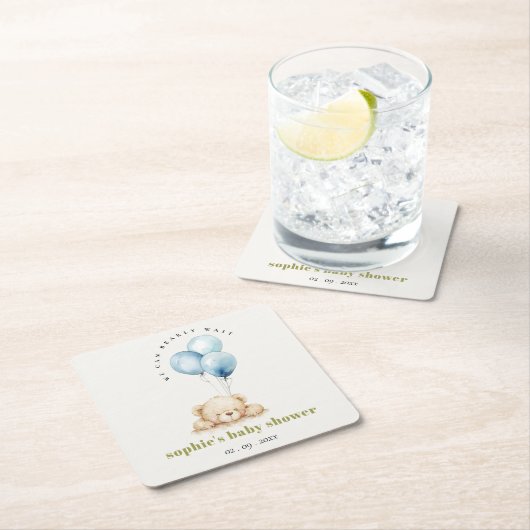 Minimal Chic Blue Bearly Wait Balloon Baby Dusche Rechteckiger Pappuntersetzer (Vor Ort)