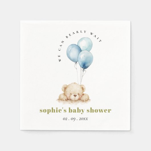 Minimal Chic Blue Bearly Wait Balloon Baby Dusche Serviette (Vorderseite)