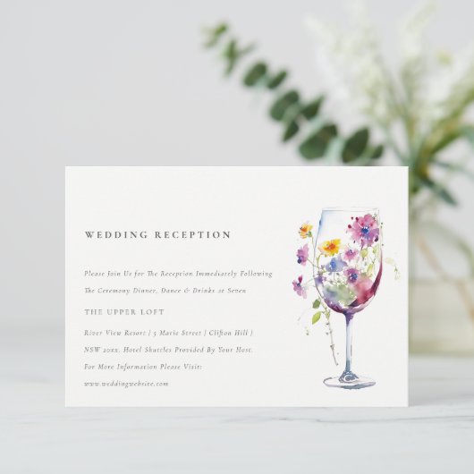 Minimal Chic Blumenwein Hochzeitsempfang Begleitkarte (Stehend Vorderseite)
