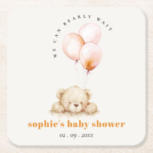 Minimal Chic Blush Bearly Wait Ballon Babydusche Rechteckiger Pappuntersetzer