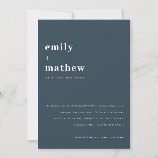 Minimal Chic Bold Navy Blue Typografy Verlobung Einladung (Vorderseite)