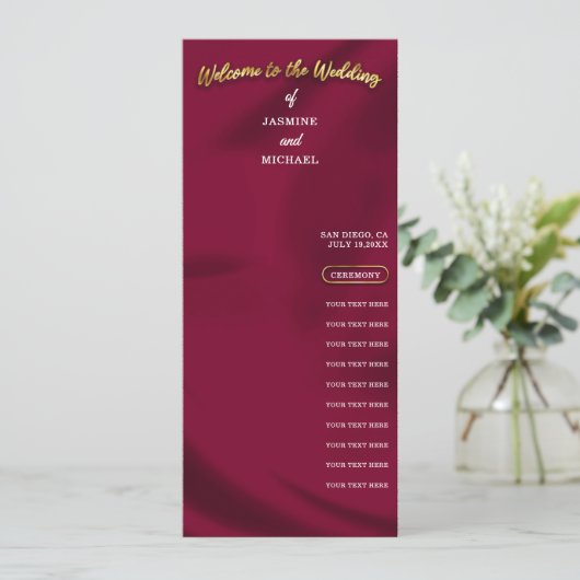 Minimal Chic Burgundy und Gold Wedding Programm (Stehend Vorderseite)