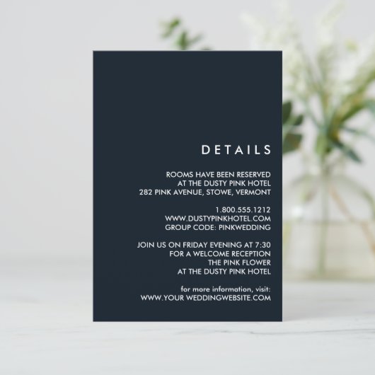 Minimal Chic Dark Blue | Angaben zum Hochzeitgast Einladung (Stehend Vorderseite)