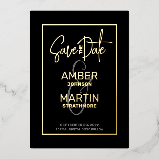 Minimal Chic Elegantes Schwarzes Gold Save the Dat Folieneinladung (Vorderseite)