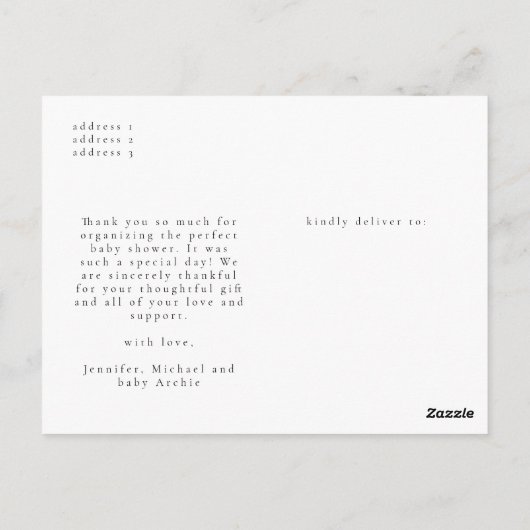 Minimal Chic Foto Collage Baby Dusche Vielen Dank Postkarte (Rückseite)