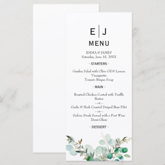 Minimal Chic Greenerity Wedding Menu Menükarte (Vorne/Hinten)