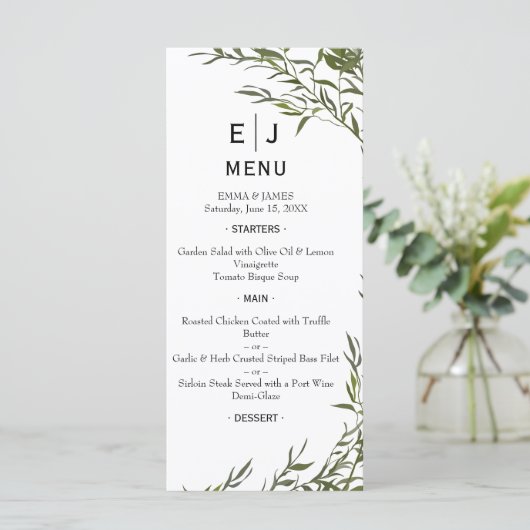 Minimal Chic Greenerity Wedding Menu Menükarte (Stehend Vorderseite)