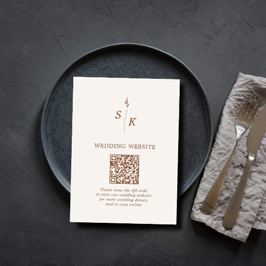 Minimal Chic Leaf Monogram Wedding Website QR Code Begleitkarte